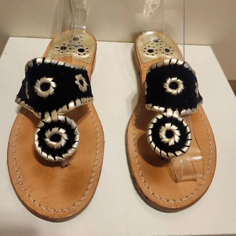 Jack Rogers "Navajo" Blck Velvet w/Wht Leather Whipstich Thong Sandals Sz.6 $138
